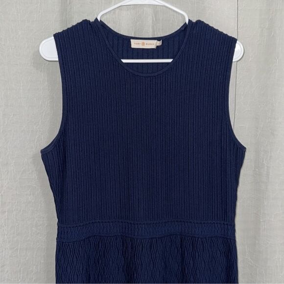 Tory Burch L LIAM Navy Knit Fit-and-Flare Textured Sleeves Dress - Picture 9 of 15